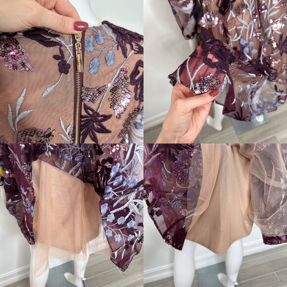 Bronx and Banco Purple Fiora Sequin Embroidered Mesh ¾ Sleeve Mini Dress Size 4 - Picture 16 of 17